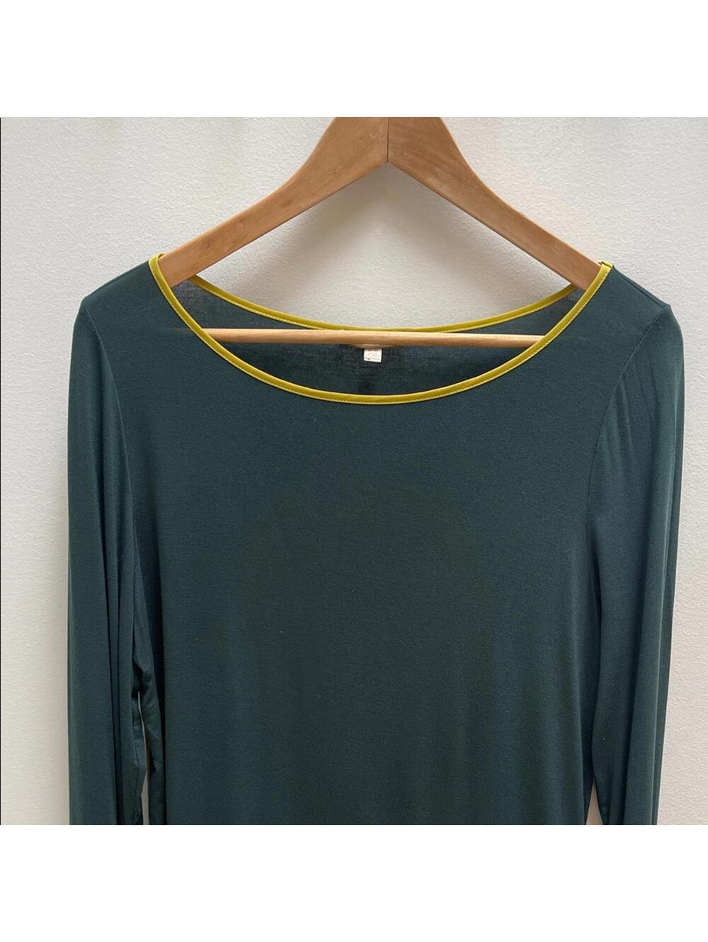 Bordeaux Anthropologie Dark Green Long Sleeve Top with Yellow Trim - M